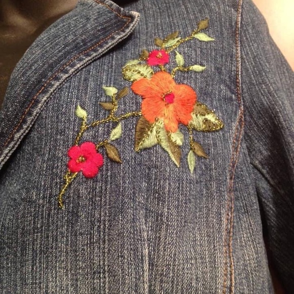 Jean Jacket Blazer Mod Flowers Boho Jean Jacket - Picture 2 of 9